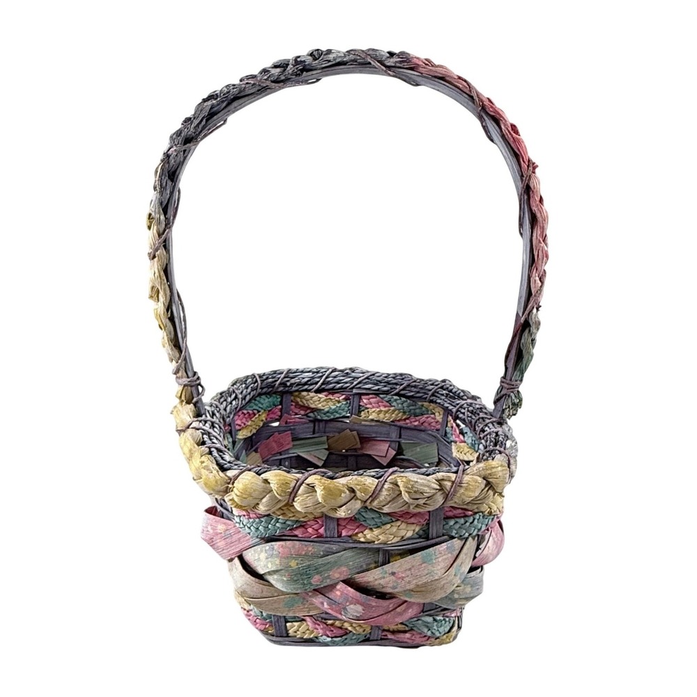 VTG Woven Basket w/ Handle 80's Pastel Multicolor Easter Cottagecore 11" x 7"